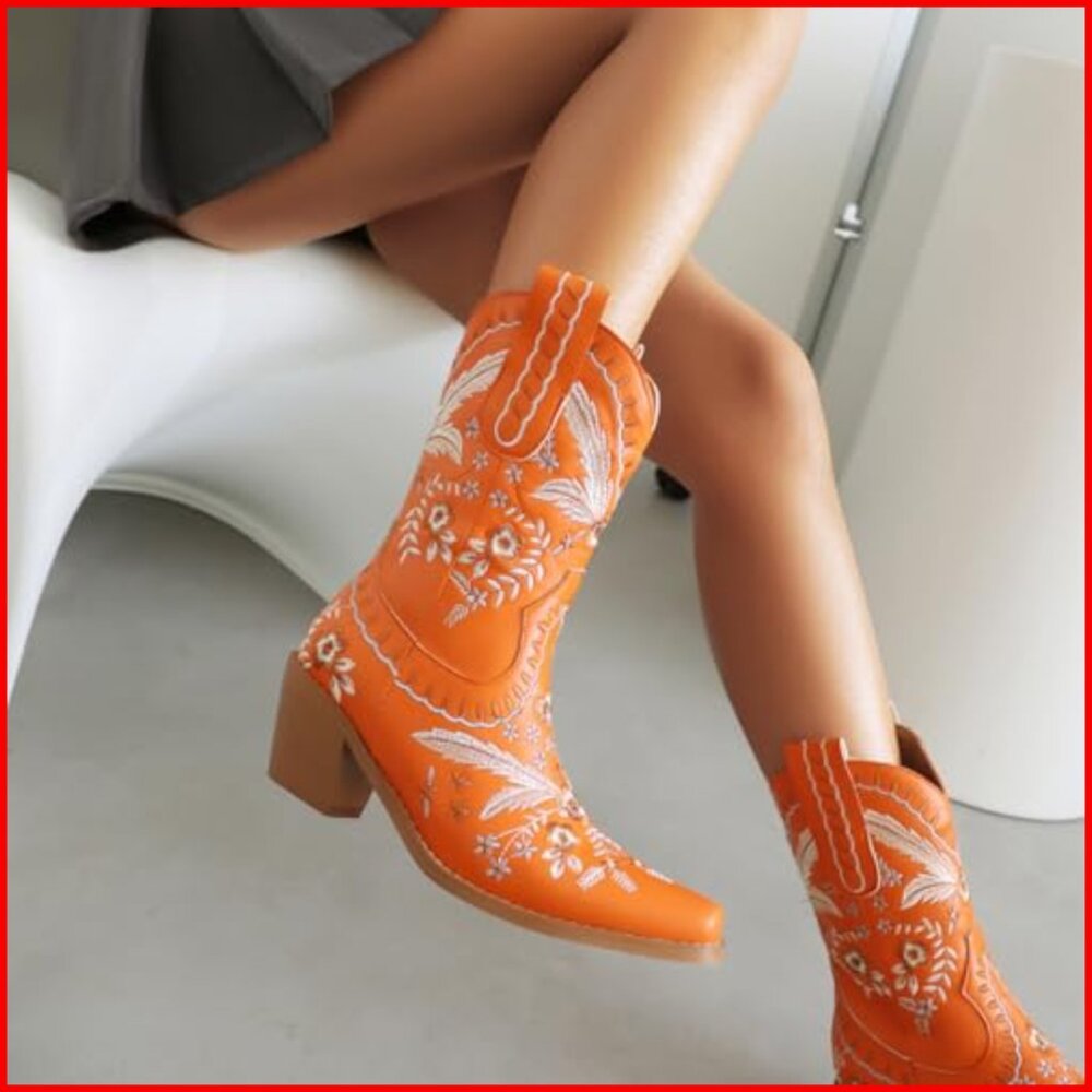 Women's Embroidered Cowboy Boots Pull On Western Boots Chunky Heel - Picture 4 of 6
